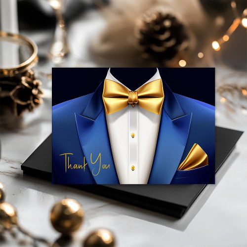 Mens Blue Gold Tuxedo Birthday Party Thank You Card