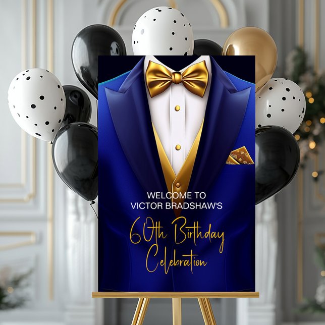 Mens Blue Gold Tuxedo Birthday Party Welcome Sign (Any occasion or event tuxedo welcome sign. Simply add your event details.)