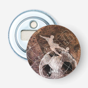 mens boys soccer player kicking ball bottle opener