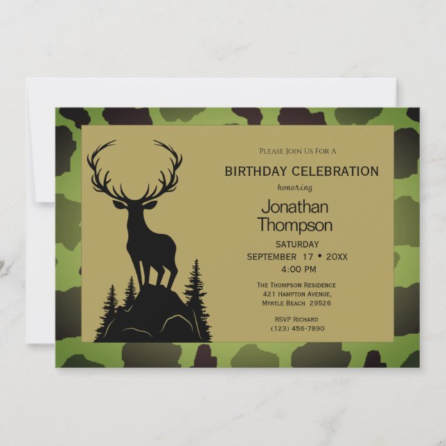 Men's Camo Deer On The Hill Birthday Invitation (Front)