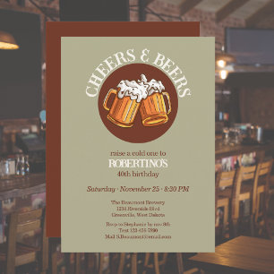 Men's Cheers and Beers Sage Retro 40th Birthday Invitation