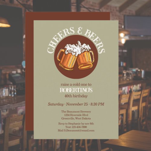 Men's Cheers and Beers Sage Retro 40th Birthday Invitation