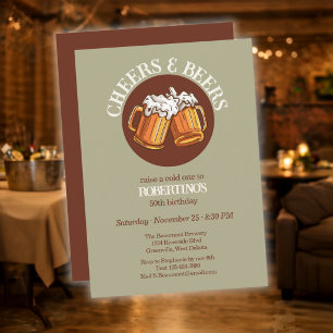Men's Cheers and Beers Sage Retro 50th Birthday Invitation