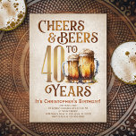 Mens Cheers & Beers Funny 40th Birthday Invitation<br><div class="desc">Celebrate the big 4-0 with style and humor with this vintage beer birthday design. The golden typography is elegant and evokes a cool glass of beer, giving it a classic retro vintage feel. Perfect for man (or woman!) in your life who loves their lagers, ales, and other beers. Perfect for...</div>