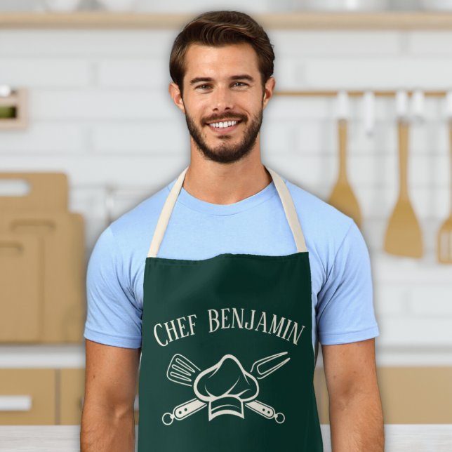 Men's Chef Custom Name Cooking BBQ Apron (Custom personalized men's chef bbq smoker baking apron chef hat barbecue fork design with name)