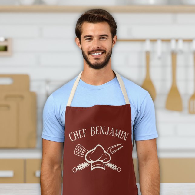 Men's Chef Custom Name Cooking BBQ Apron (Men's bbq chef apron "chef custom name" gifts for the cook, red and cream apron personalized name)
