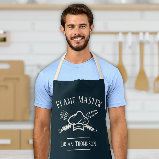 Men's Chef Custom Text and Name Cooking BBQ Apron ("Flame Master" customizable men's apron BBQ chef hat with custom name navy blue & cream gift for men)