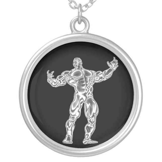 Mens Chrome Bodybuilder Get Pumped Necklace (Front)