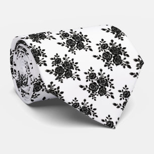 Men's Classic Black and White Rose Floral Necktie