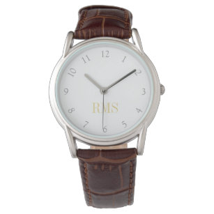 Mens Classic Brown Leather Strap Monogrammed Watch