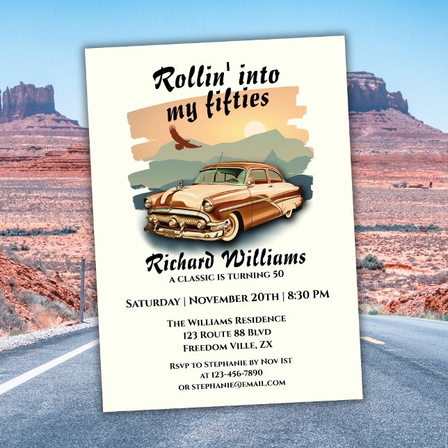 Men's classic car desert sunset 50th Birthday Invitation (Creator Uploaded)