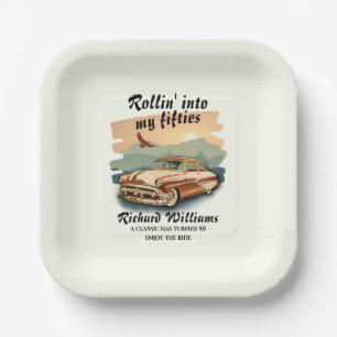 Men's classic car desert sunset 50th Birthday Paper Plates