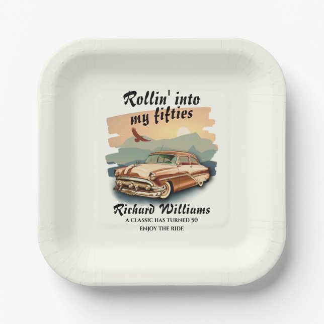 Men's classic car desert sunset 50th Birthday Paper Plates (Front)