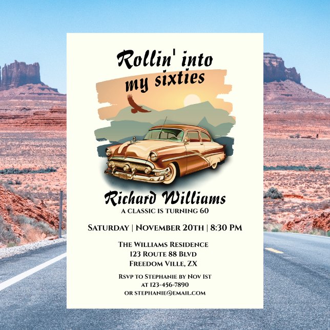 Men's classic car desert sunset 60th Birthday Invitation (Creator Uploaded)