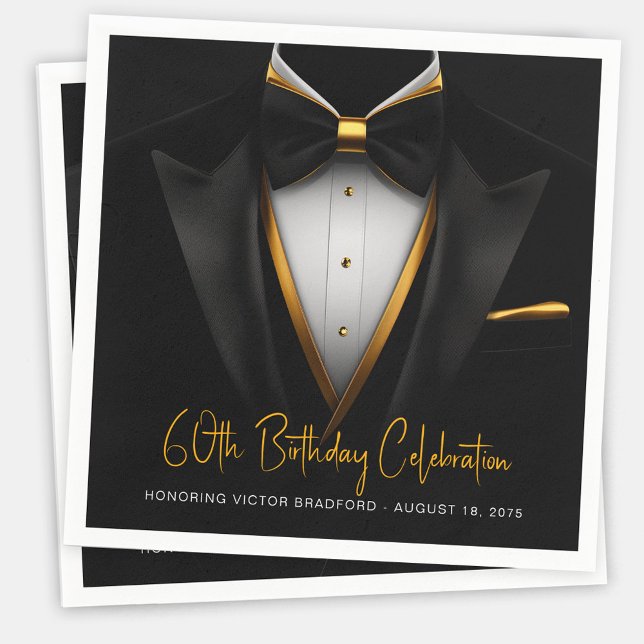Mens Classy Black Gold Tuxedo Birthday Napkins (Mens black and gold tuxedo paper napkins for birthdays, corporate parties, retirements, etc. )