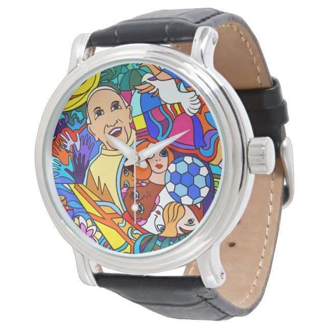 men's clock with leather armband black watch (Angled)