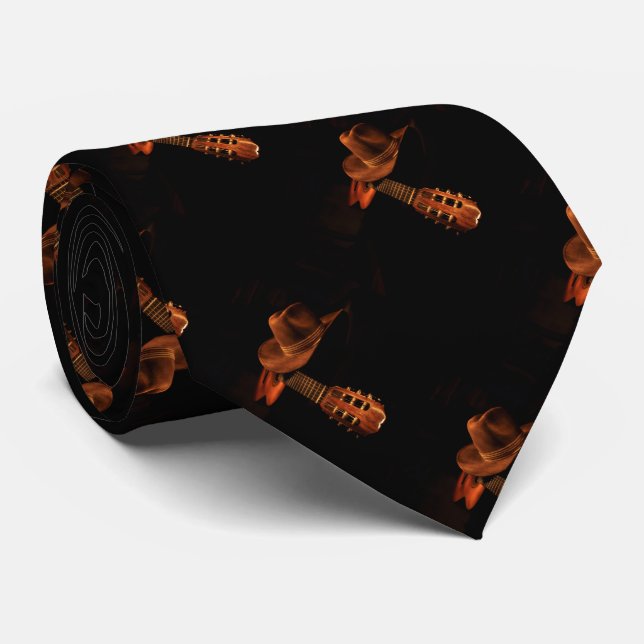 Mens Cowboy Hat and Guitar Western Neck Tie (Rolled)