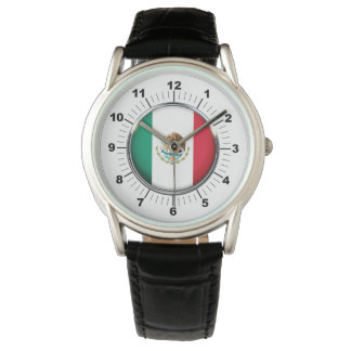Men's Crown Mexico Flag Black Leather Strap Watch