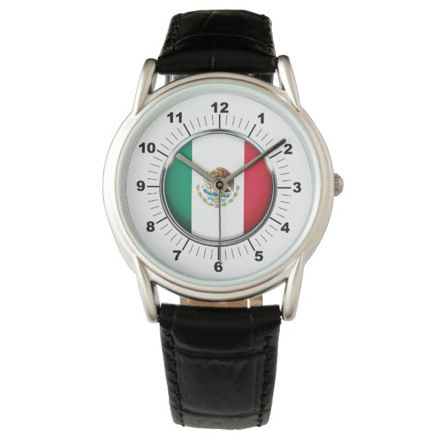 Men's Crown Mexico Flag Black Leather Strap Watch (Front)