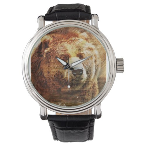 Mens Custom Watch with Grizzly Bear Illustration
