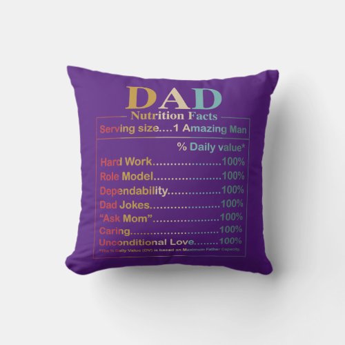 Mens Dad Nutrition Facts Funny Humorous Dad Quote Throw Pillow