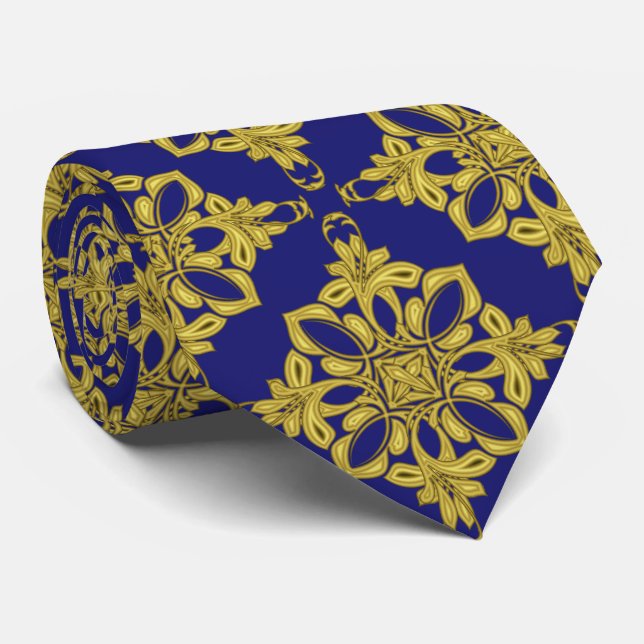Men's Dark Blue and Faux Gold Pattern Neck Tie (Rolled)