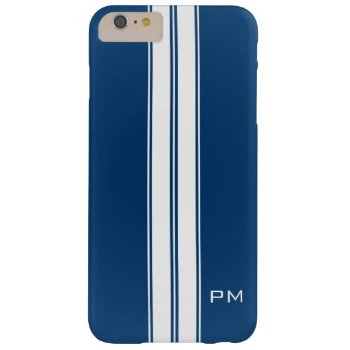 Mens Dark Blue White Racing Stripes Initials Barely There Iphone 6 Plus Case by CustomizedCreationz at Zazzle