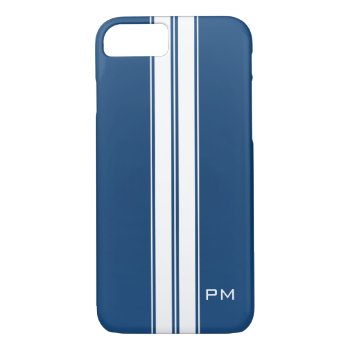 Mens Dark Blue White Racing Stripes Initials Iphone 8/7 Case by CustomizedCreationz at Zazzle