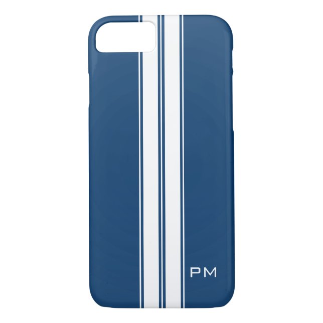 Mens Dark Blue White Racing Stripes Initials Case-Mate iPhone Case (Back)