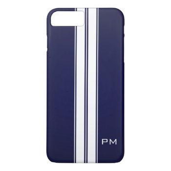 Mens Dark Blue White Racing Stripes Initials Iphone 8 Plus/7 Plus Case by CustomizedCreationz at Zazzle