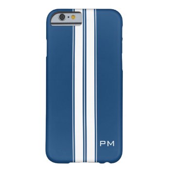 Mens Dark Blue White Racing Stripes Initials Barely There Iphone 6 Case by CustomizedCreationz at Zazzle