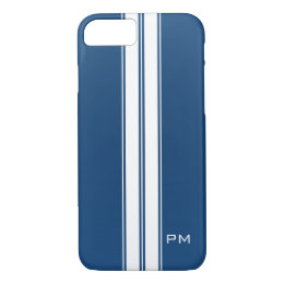 Mens Dark Blue White Racing Stripes Initials iPhone 8/7 Case