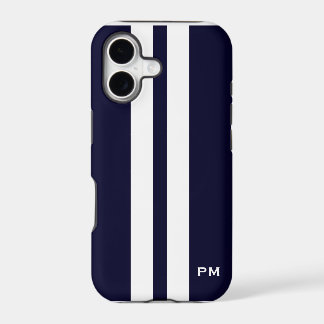 Men's Dark Blue White Racing Stripes Initials iPhone 17 Case