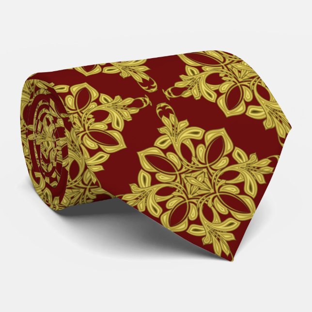 Men's Dark Red and Faux Gold Pattern Neck Tie (Rolled)