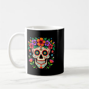 Mens Día De Los Muertos Sugar Skull With Flowers Coffee Mug