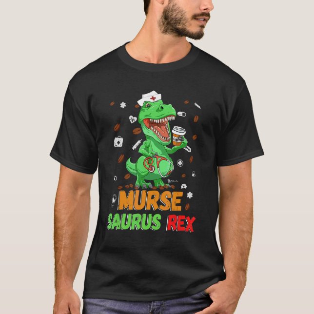 Mens Dinosaur Scrub Nurse Life Coffee Rn Murse Nur T-Shirt (Front)