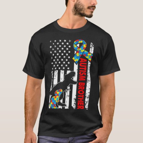 Mens Distressed Dinosaur Autism Brother USA Flag A T_Shirt