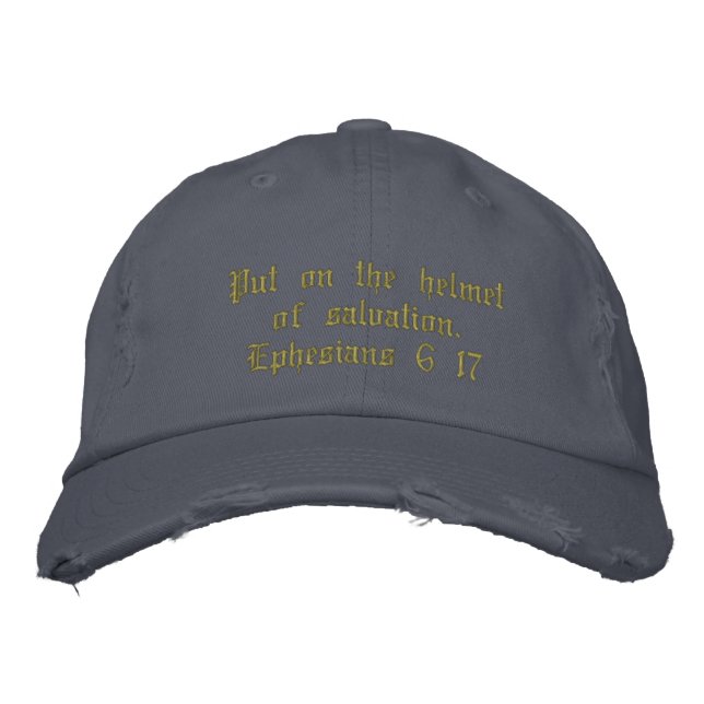 Men's distressed hat blue, inspirational. (Front)