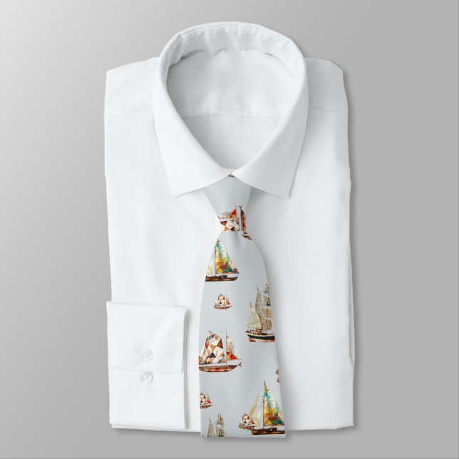 Men's Dream Boats Gray Neck Tie (Tied)
