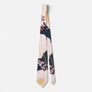 Mens Dress Tie White Floral Flowers on Dark Blue