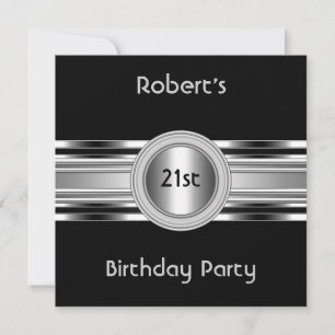 Mens Elegant 21st Birthday Party Black Silver Invitation