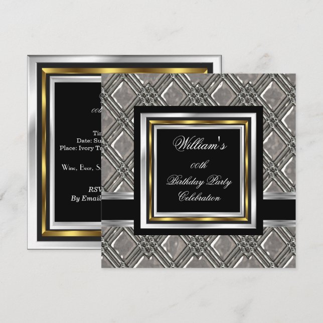 Men's Elegant Black Gold Silver Birthday Metal 2 Invitation (Front/Back)