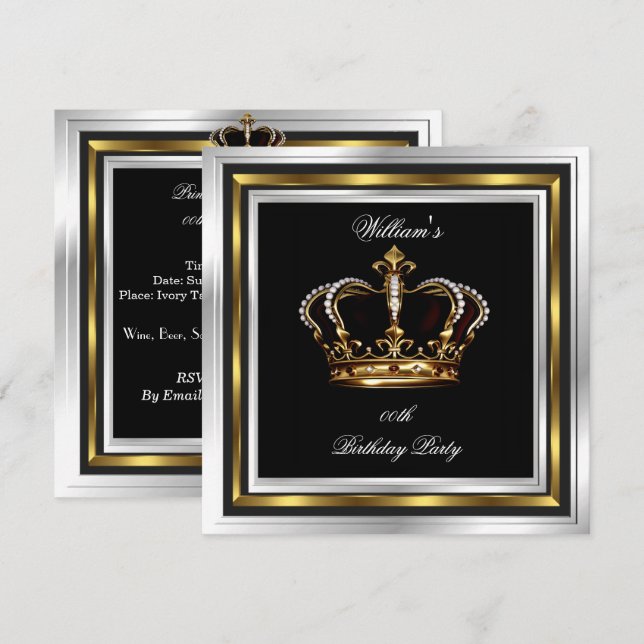 Men's Elegant Black Silver Birthday Crown Invitation (Front/Back)