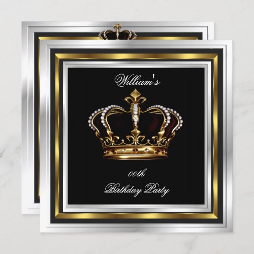 Mens Elegant Black Silver Birthday Crown Invitation