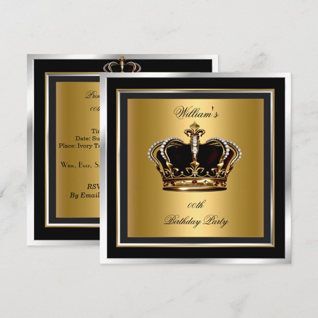 Men's Elegant Black Silver Birthday Party Crown Invitation (Front/Back)