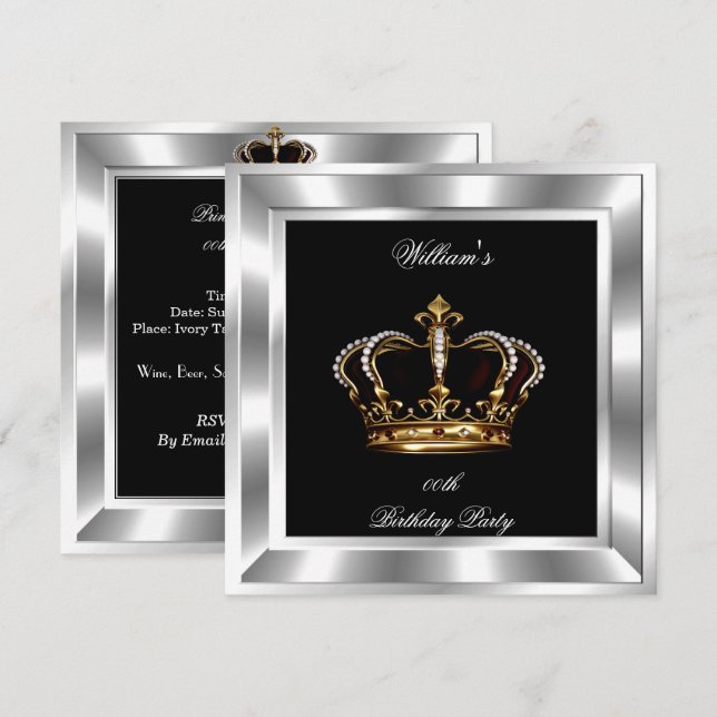 Men's Elegant Black Silver Birthday Prince King Invitation (Front/Back)