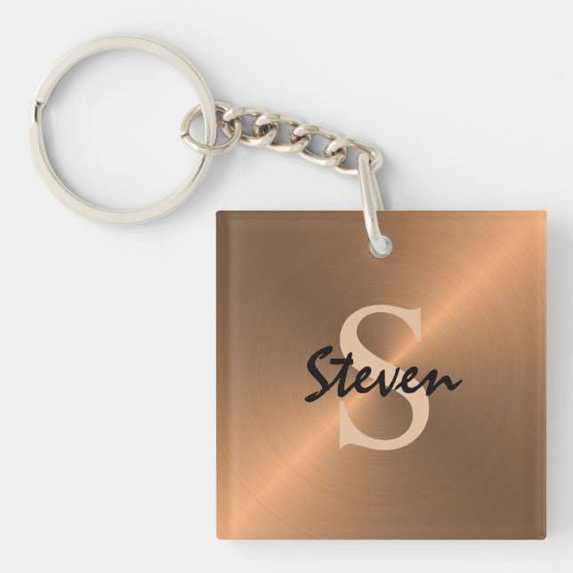 Mens Elegant Bronze Gold Script Monogram Keychain (Front)