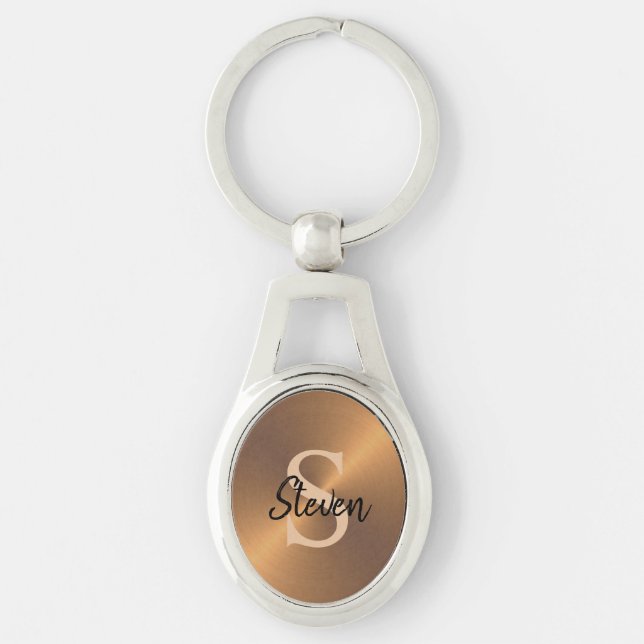 Mens Elegant Bronze Metallic Monogram Name Keychain (Front)