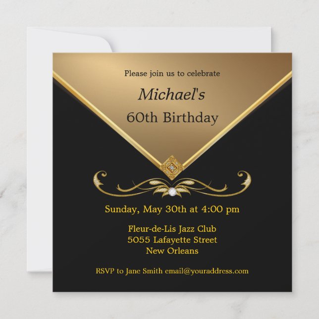 Men's Elegant Gold Black 60th Brithday Invitations (Front)