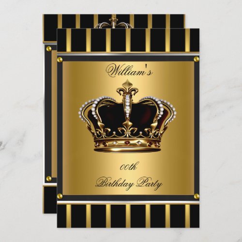 Mens Elegant Gold Black Stripe Birthday Crown 2 Invitation